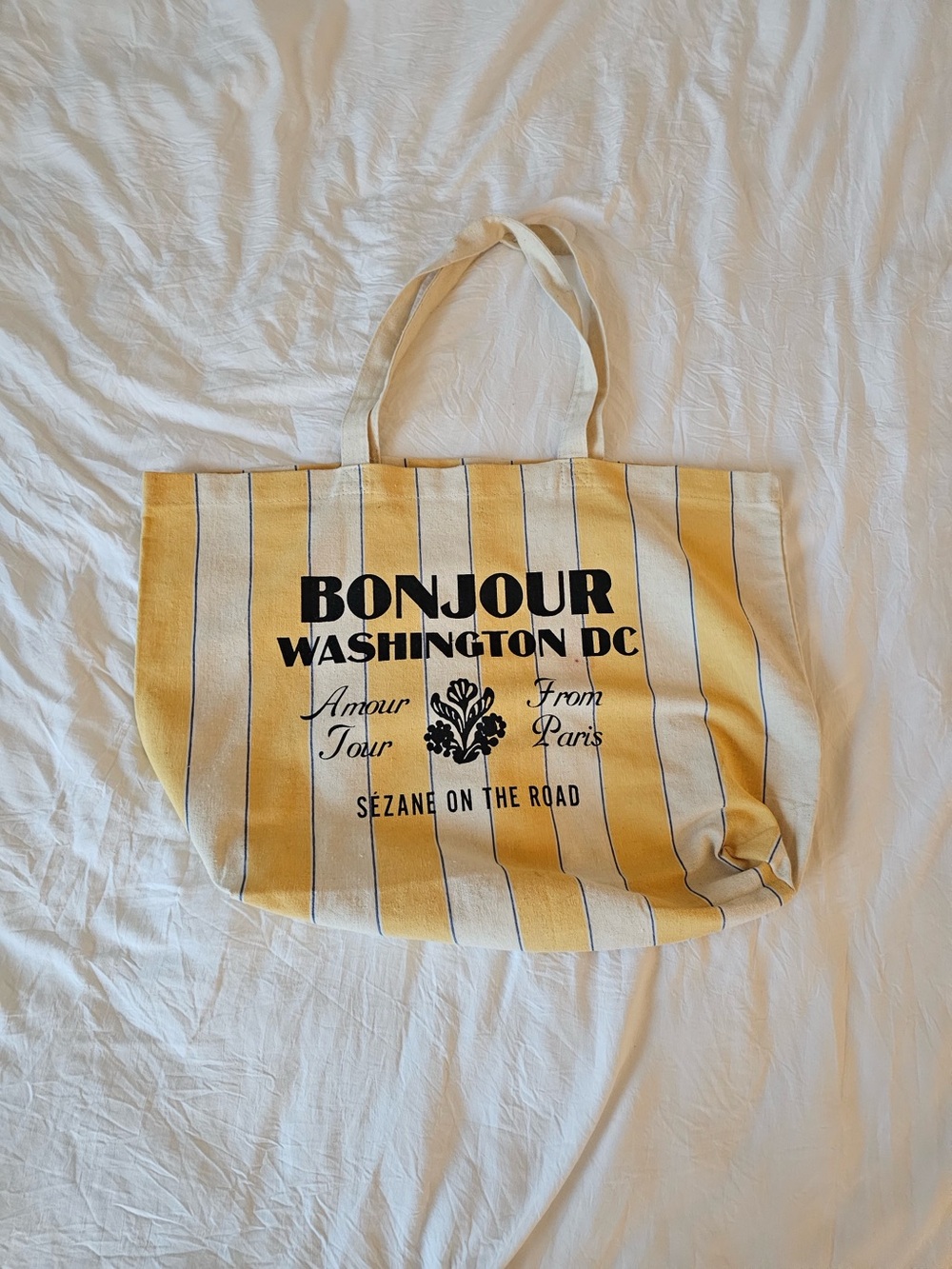 Sezane Yellow and Cream Striped 'Bonjour Washington DC' Canvas Tote